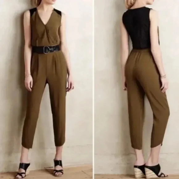 Anthropologie Leifsdottir Sani Lace Back Olive Green Cropped Jumpsuit Size 4 - Picture 1 of 16